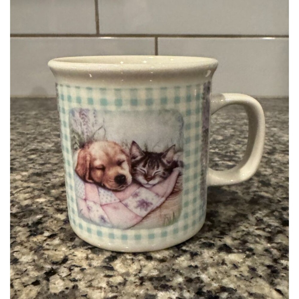 Coffee Mug Art by DEBBIE COOK Best of Friends Puppy Kitten Quilt Gingham Tea Cup